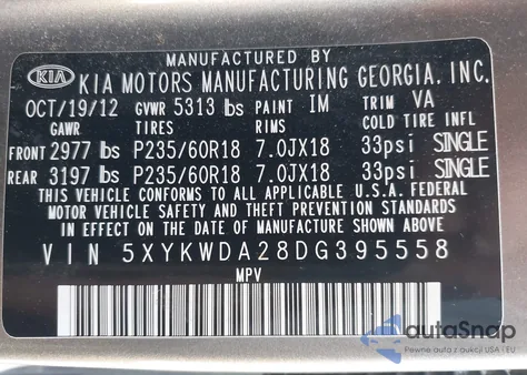 2013 Kia Sorento Sx V6 из США, поврежденный, VIN 5XYKWDA28DG395558